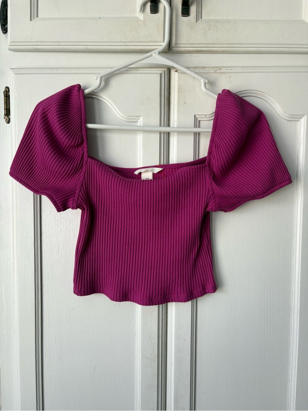 H&M Ribbed Puff-Sleeve Crop Top - Fuchsia Pink